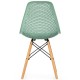 Green modern plastic hollow chair with wood legs, featuring a breathable mesh design and ergonomic curved backrest.