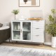Modern sideboard buffet cabinet in white with glass doors, 2 shelves, and 3 drawers, perfect for living or dining room.