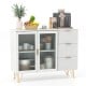Modern sideboard buffet cabinet in white with tempered glass doors and gold legs, ideal for living or dining room.