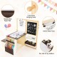 Kids art center wooden table bench set in brown with adjustable easel, storage trays, and cup holders for creative play.