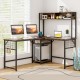 L-shaped desk in rustic brown with hutch, power outlet, and ample space for work, gaming, or writing.