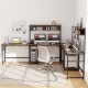 L-shaped desk in rustic brown with power outlet hutch, ample workspace, and sturdy metal construction for versatile use.