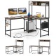 L-shaped desk in rustic brown with hutch, power outlet, and removable hooks for versatile office use.
