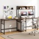 L-shaped desk in rustic brown with power outlet hutch, ample workspace, and removable hooks for versatile office use.