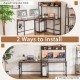 L-shaped desk with rustic brown finish, featuring a hutch and power outlet for versatile office layouts and ample.
