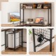 L-shaped desk with rustic brown finish, featuring a tabletop hutch, two open shelves, and three removable hooks.