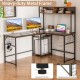 L-shaped desk in rustic brown with power outlet hutch, adjustable foot pads, and sturdy metal frame for versatile use.