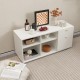 Top view of a white storage cabinet TV console with spacious top, 2 drawers, and 4 cube storage, perfect for display.