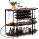 3-tier wine bar cabinet in brown with storage for 21 bottles, glass holders, and built-in charging station.