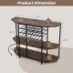 3-tier wine bar cabinet dimensions with storage for 21 bottles, glass holders, and built-in charging station in brown.