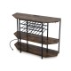 3-tier wine bar cabinet in brown with glass holders, storage for 21 bottles, and built-in charging station.