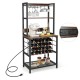 Wine bar cabinet with 4 tier storage shelves, holds 24 bottles and 9 glasses, featuring a wood grain surface and.