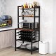 Wine bar cabinet with 4 tier storage shelves, brown wood grain surface, and glass holders for kitchen organization.