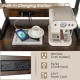 Wine bar cabinet with built-in charging station, holding 24 bottles and 9 glasses, featuring a brown wood grain surface.