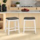 Counter height bar stool set of 2 with gray upholstered seats and white wood frames, ideal for kitchen seating.