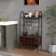 Rustic brown baker's rack with detachable wine rack, holding 18 bottles and 15 glasses, ideal for kitchen or dining.