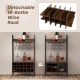 Rustic brown baker's rack featuring a detachable 18-bottle wine rack and 5 rows for stemware, ideal for kitchen or bar.