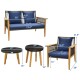 Detailed dimension chart of the 5-piece outdoor conversation set, featuring navy cushions and acacia wood construction.
