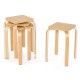 Stackable set of 4 natural wood stools with square tops and rounded corners, ideal for versatile seating and.