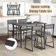 5-piece gray dining table set with metal frame and storage rack, featuring space-saving design and rustic wood grain.