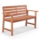 Solid wood patio bench with slatted seat, inclined backrest, and wide armrests, ideal for backyard relaxation.