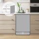 24-inch silver beverage refrigerator with removable shelves, adjustable temperature, and sleek design for kitchen use.