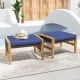 Navy cushion patio ottomans with acacia wood frame and PE rattan design, ideal for outdoor relaxation by the poolside.