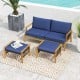 Navy cushion ottomans made of acacia wood and PE rattan, ideal for outdoor use by the poolside or backyard.