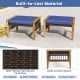 Navy cushion ottomans made of solid acacia wood and mix brown PE rattan, ideal for outdoor relaxation by the poolside.