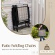 Gray patio folding chairs stacked for easy storage, featuring a sturdy metal frame and comfortable armrests.