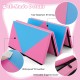 Folding gymnastics mat in pink and blue with waterproof PU leather, removable cover, and tear-resistant stitching.