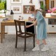 Brown kitchen dining chair with linen fabric and storage space, featuring a flip-up seat and natural acacia wood legs.