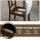 Kitchen dining chair with flip-up seat for hidden storage, made of linen fabric and acacia wood legs in brown.