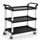 3-tier utility service cart with lockable wheels, aluminum frame, and PP shelves, ideal for kitchen or office use.