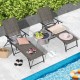 Two adjustable coffee patio folding chaise lounge chairs with a compact design, perfect for poolside relaxation.