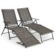 Two-piece coffee patio folding chaise lounge chairs with adjustable backrest and footrest for outdoor relaxation.
