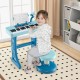 Kids piano keyboard with 37 keys, microphone, and detachable legs, designed for fun and learning in blue.