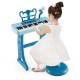 Kids piano keyboard in blue with 37 keys and adjustable microphone, designed for children aged 3+, promoting sensory.
