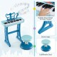 Kids piano keyboard in blue with 37 keys, detachable legs, and adjustable microphone for fun musical play.