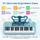 Kids piano keyboard in blue with 37 keys, microphone, and detachable legs for versatile play and learning.