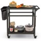 Movable BBQ cart with double shelves, lockable wheels, and a towel rack, ideal for food prep and outdoor dining.