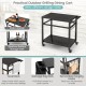 Double-shelf movable BBQ cart with lockable wheels, towel rack, and garbage bag holder for versatile outdoor use.
