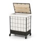 Laundry hamper with lid and lockable wheels, featuring a durable metal frame and 110L capacity for easy cloth sorting.