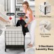 Two-section laundry hamper with lockable wheels, easy-clean polycotton, and sturdy lid for convenient cloth sorting.