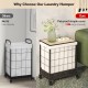 Laundry hamper with lid and lockable wheels, 110L capacity, durable polycotton bag, and stylish PP rattan weaving.
