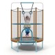 Toddler trampoline with gymnastic bar and rings, featuring a high-density enclosure net for safety and stability.