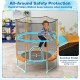Toddler trampoline with gymnastic bar and rings, featuring high-density net for safety and seamless design for kids'.