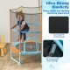 Toddler trampoline with gymnastic bar, padded rings, and high-density enclosure net for safe bouncing fun.