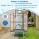 60-inch trampoline with gymnastic bar and rings for kids, featuring a padded enclosure and U-shaped legs for stability.