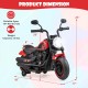 Kids electric motorcycle in red with training wheels, LED headlights, and dimensions for ages 18+ months.